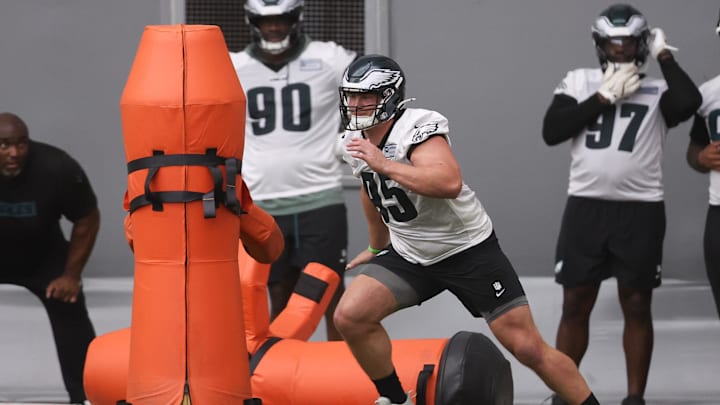 May 28, 2025; Philadelphia, PA, USA; Philadelphia Eagles defensive tackle Ty Robinson (95) runs a drill during OTAs at NovaCare Complex. Mandatory Credit: Bill Streicher-Imagn Images
