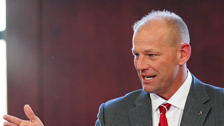 Jan 13, 2024; Tuscaloosa, AL, USA; Kalen DeBoer speaks after being introduced as the University of Alabama new head football coach during a press conference in the North end zone at Bryant-Denny Stadium. Mandatory Credit: John David Mercer-USA TODAY Sports