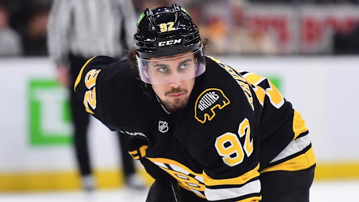 Apr 26, 2026; Boston, Massachusetts, USA; Boston Bruins center Marat Khusnutdinov (92) gets set for a face-off during the third period in game four of the first round of the 2026 Stanley Cup Playoffs against the Buffalo Sabres at TD Garden. Mandatory Credit: Bob DeChiara-Imagn Images