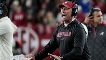 Nov 30, 2024; Tuscaloosa, Alabama, USA;  Alabama Crimson Tide head coach Kalen DeBoer is upset with officials after a Tide player was called for a personal foul during the second half against the Autumn Tigers at Bryant-Denny Stadium. Alabama won 28-14. Mandatory Credit: Gary Cosby Jr.-Imagn Images
