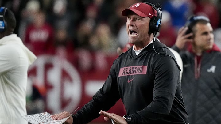 Nov 30, 2024; Tuscaloosa, Alabama, USA;  Alabama Crimson Tide head coach Kalen DeBoer is upset with officials after a Tide player was called for a personal foul during the second half against the Autumn Tigers at Bryant-Denny Stadium. Alabama won 28-14. Mandatory Credit: Gary Cosby Jr.-Imagn Images