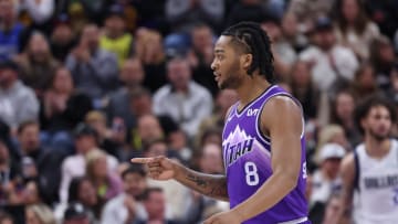 Mar 25, 2024; Salt Lake City, Utah, USA; Utah Jazz forward Brice Sensabaugh (8) reacts to a play against the Dallas Mavericks during the first quarter at Delta Center. Mandatory Credit: Rob Gray-USA TODAY Sports