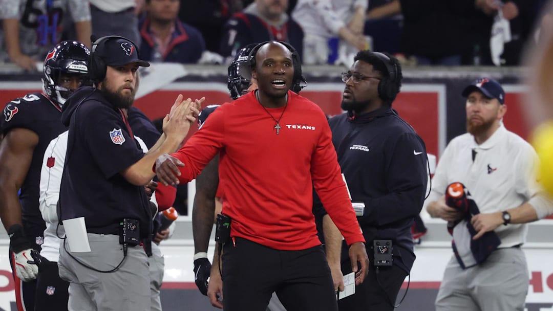 Jan 11, 2025; Houston, Texas, USA; Houston Texans head coach Demeco Ryans looks on during the third quarter against the Los Angeles Chargers in an AFC wild card game at NRG Stadium. Mandatory Credit: Troy Taormina-Imagn Images