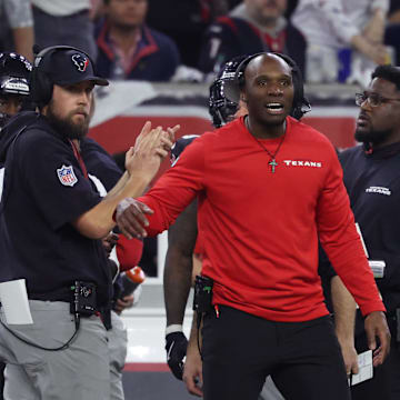 Jan 11, 2025; Houston, Texas, USA; Houston Texans head coach Demeco Ryans looks on during the third quarter against the Los Angeles Chargers in an AFC wild card game at NRG Stadium. Mandatory Credit: Troy Taormina-Imagn Images