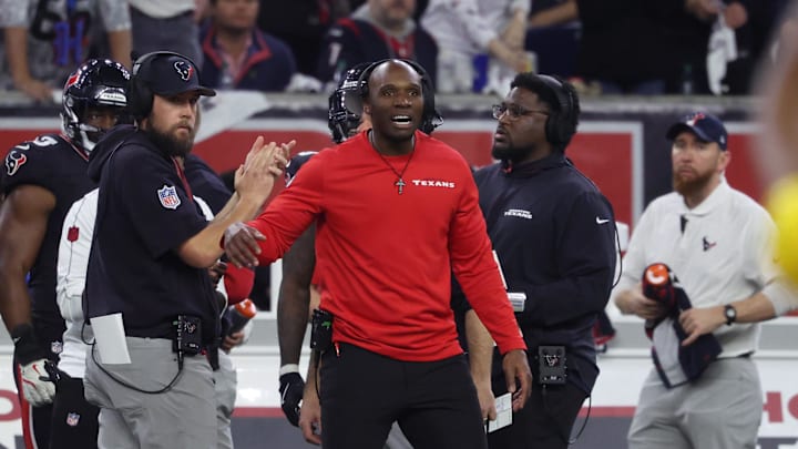Jan 11, 2025; Houston, Texas, USA; Houston Texans head coach Demeco Ryans looks on during the third quarter against the Los Angeles Chargers in an AFC wild card game at NRG Stadium. Mandatory Credit: Troy Taormina-Imagn Images Jan 11, 2025; Houston, Texas, USA; Houston Texans head coach Demeco Ryans looks on during the third quarter against the Los Angeles Chargers in an AFC wild card game at NRG Stadium. Mandatory Credit: Troy Taormina-Imagn Images
