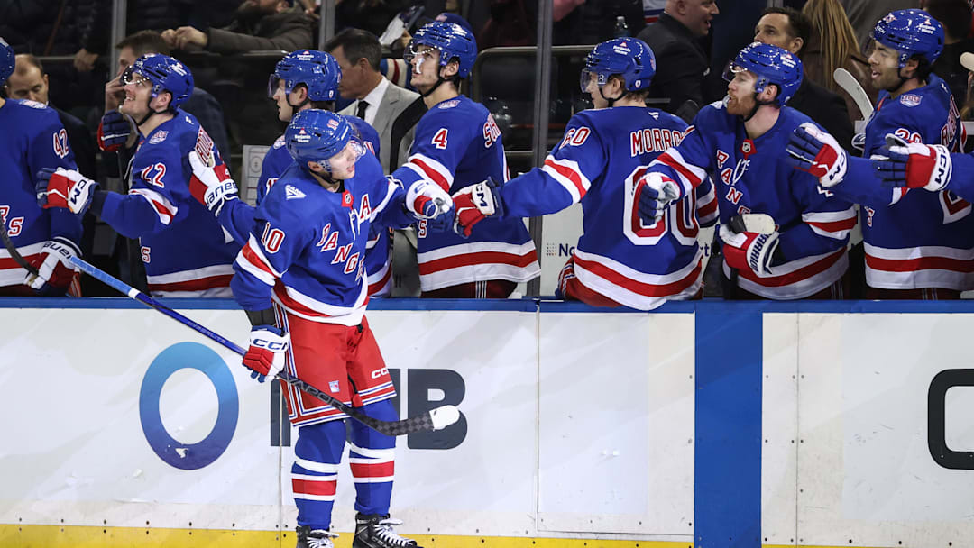 Dec 6, 2025; New York, New York, USA;  New York Rangers left wing Artemi Panarin (10) celebrates with his teammates after scoring a goal in the third period against the Colorado Avalanche at Madison Square Garden. Mandatory Credit: Wendell Cruz-Imagn Images