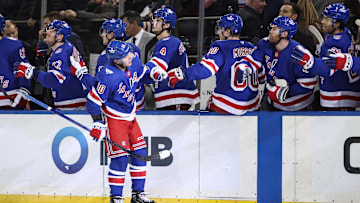 Dec 6, 2025; New York, New York, USA;  New York Rangers left wing Artemi Panarin (10) celebrates with his teammates after scoring a goal in the third period against the Colorado Avalanche at Madison Square Garden. Mandatory Credit: Wendell Cruz-Imagn Images