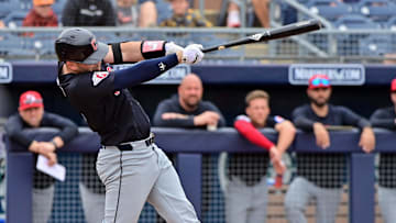 Feb 26, 2024; Peoria, Arizona, USA;  Cleveland Guardians right fielder Chase DeLauter (6) hits a two run home run in the second inning against the San Diego Padres during a spring training game at Peoria Sports Complex. Mandatory Credit: Matt Kartozian-Imagn Images
