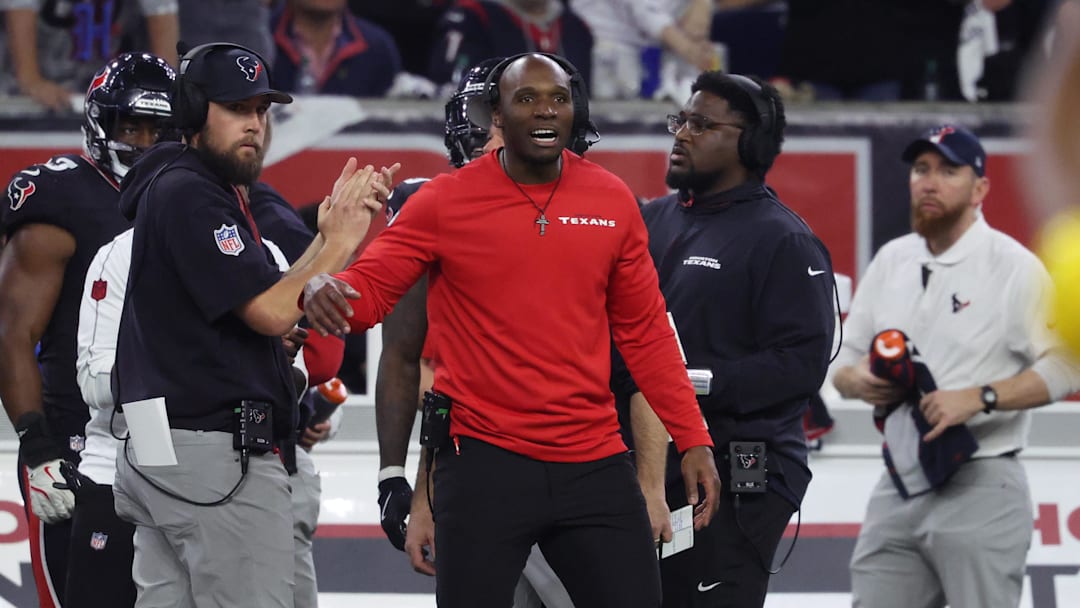 Jan 11, 2025; Houston, Texas, USA; Houston Texans head coach Demeco Ryans looks on during the third quarter against the Los Angeles Chargers in an AFC wild card game at NRG Stadium. Mandatory Credit: Troy Taormina-Imagn Images