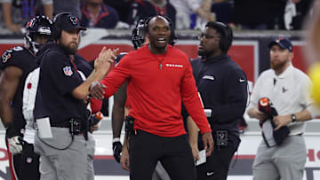 Jan 11, 2025; Houston, Texas, USA; Houston Texans head coach Demeco Ryans looks on during the third quarter against the Los Angeles Chargers in an AFC wild card game at NRG Stadium. Mandatory Credit: Troy Taormina-Imagn Images