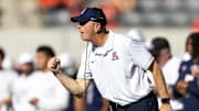 Nov 8, 2025; Tucson, Arizona, USA; Arizona Wildcats head coach Brent Brennan reacts against the Kansas Jayhawks in the second half at Arizona Stadium. Mandatory Credit: Mark J. Rebilas-Imagn Images