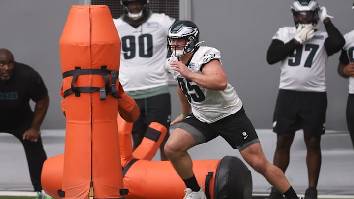May 28, 2025; Philadelphia, PA, USA; Philadelphia Eagles defensive tackle Ty Robinson (95) runs a drill during OTAs at NovaCare Complex.
