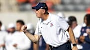 Nov 8, 2025; Tucson, Arizona, USA; Arizona Wildcats head coach Brent Brennan reacts against the Kansas Jayhawks in the second half at Arizona Stadium. Mandatory Credit: Mark J. Rebilas-Imagn Images