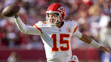 October 20, 2024; Santa Clara, California, USA; Kansas City Chiefs quarterback Patrick Mahomes (15) runs the football against the San Francisco 49ers during the third quarter at Levi's Stadium. Mandatory Credit: Kyle Terada-Imagn Images
