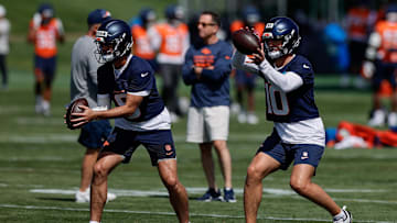 Jul 23, 2025; Englewood, CO, USA; Denver Broncos quarterback Jarrett Stidham (8) and quarterback Bo Nix (10) during Denver Broncos Training Camp. Mandatory Credit: Isaiah J. Downing-Imagn Images