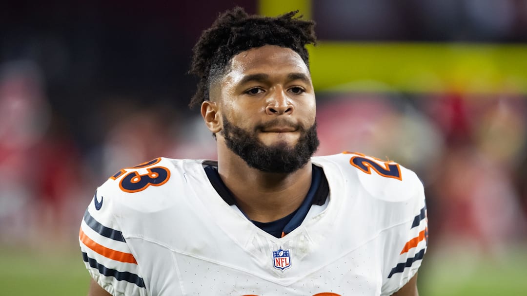 Nov 3, 2024; Glendale, Arizona, USA; Chicago Bears running back Roschon Johnson (23) against the Arizona Cardinals at State Farm Stadium. Mandatory Credit: Mark J. Rebilas-Imagn Images