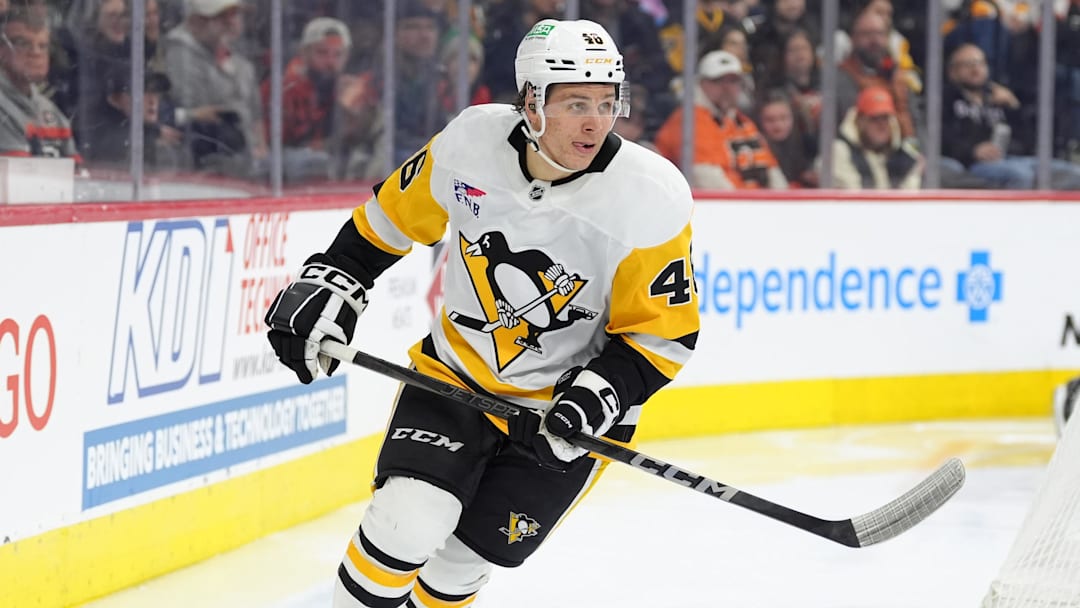 Feb 8, 2025; Philadelphia, Pennsylvania, USA; Pittsburgh Penguins center Blake Lizotte (46) in action against the Philadelphia Flyers in the third period at Wells Fargo Center.