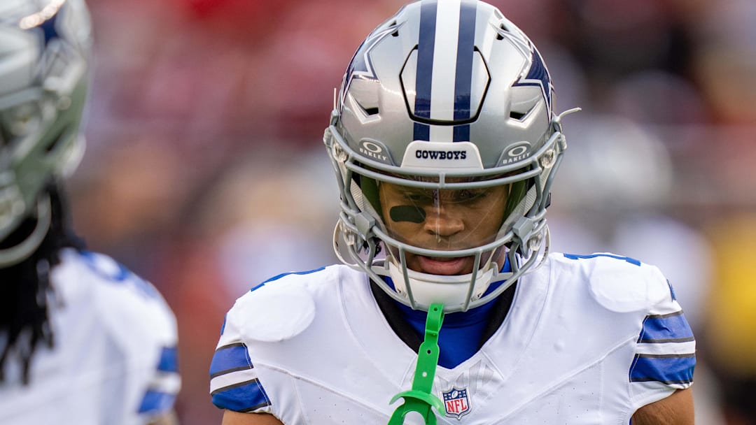 Oct 27, 2024; Santa Clara, California, USA;  Dallas Cowboys wide receiver Jalen Tolbert (1) during warmups before the start of the game against the San Francisco 49ers at Levi's Stadium.