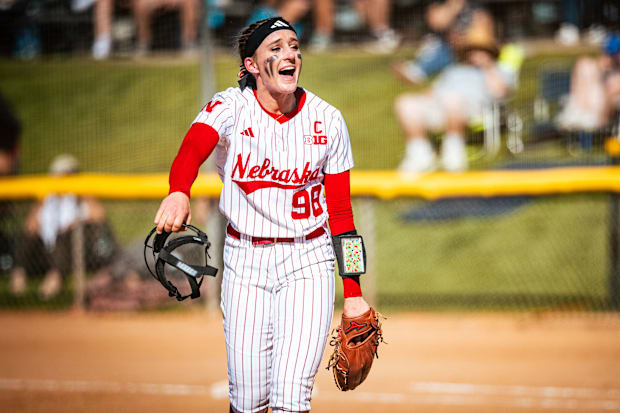 Nebraska pitcher Jordy Bahl reacts during a game against Duke in the Mary Nutter Classic on Feb. 21, 2025.