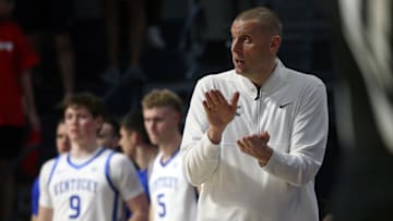 Feb 4, 2025; Oxford, Mississippi, USA; Kentucky Wildcats head coach Mark Pope reacts during the second half against the Mississippi Rebels at The Sandy and John Black Pavilion at Ole Miss. Mandatory Credit: Petre Thomas-Imagn Images