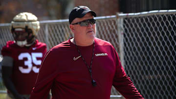 FSU football players walk into the first spring practice of the spring season on Wednesday, March 19, 2025