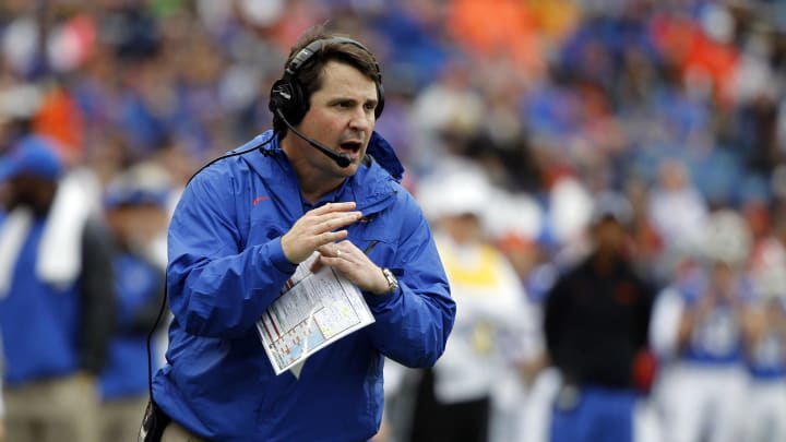 Nov 22, 2014; Gainesville, FL, USA; Florida Gators head coach Will Muschamp calls a timeout against the Eastern Kentucky Colonels during the second quarter at Ben Hill Griffin Stadium. Mandatory Credit: Kim Klement-USA TODAY Sports