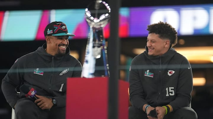 Kansas City Chiefs quarterback Patrick Mahomes, right, and Philadelphia Eagles quarterback Jalen Hurts. Kansas City Chiefs quarterback Patrick Mahomes, right, and Philadelphia Eagles quarterback Jalen Hurts.