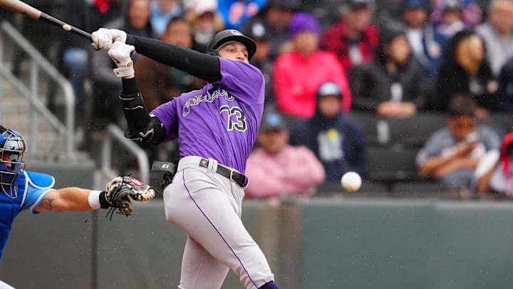 Mar 19, 2023; Summerlin, Nevada, USA; Colorado Rockies right fielder Zac Veen (73) fouls off a pitch against the Kansas City Royals during the fourth inning at Las Vegas Ballpark. Mandatory Credit: Stephen R. Sylvanie-Imagn Images
