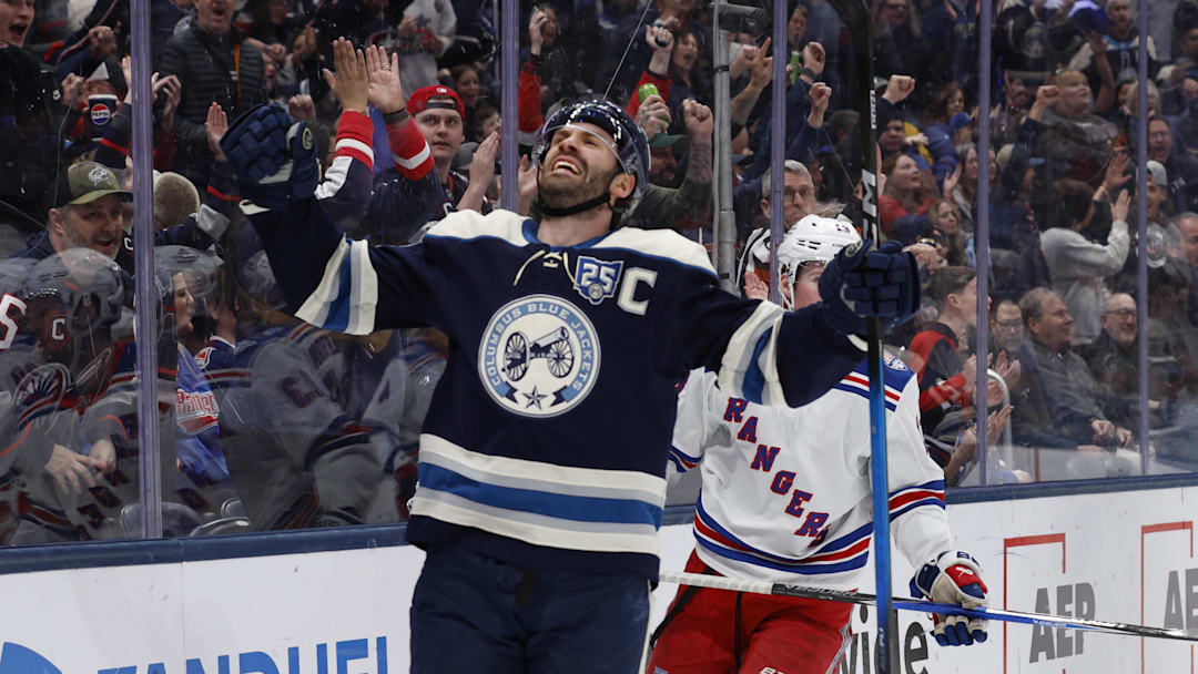 Mar 19, 2026; Columbus, Ohio, USA; Columbus Blue Jackets center Boone Jenner (38) celebrates his goal against the New York Rangers during the second period at Nationwide Arena. Mandatory Credit: Russell LaBounty-Imagn Images