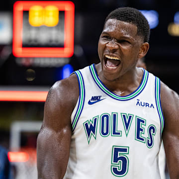 Mar 7, 2024; Indianapolis, Indiana, USA; Minnesota Timberwolves guard Anthony Edwards (5) celebrates the win over Indiana Pacers at Gainbridge Fieldhouse. Mandatory Credit: Trevor Ruszkowski-Imagn Images