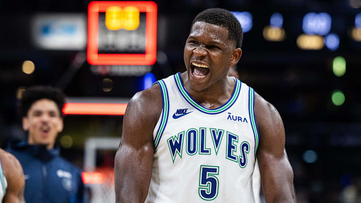 Mar 7, 2024; Indianapolis, Indiana, USA; Minnesota Timberwolves guard Anthony Edwards (5) celebrates the win over Indiana Pacers at Gainbridge Fieldhouse. Mandatory Credit: Trevor Ruszkowski-Imagn Images