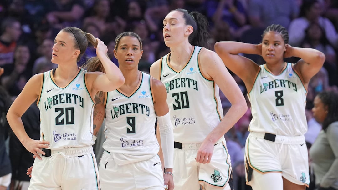 Jun 27, 2025; Phoenix, Arizona, USA; New York Liberty guard Sabrina Ionescu (20) and New York Liberty guard Natasha Cloud (9) and New York Liberty forward Breanna Stewart (30) and New York Liberty center Nyara Sabally (8) look on against the Phoenix Mercury during the second half at Footprint Center. Mandatory Credit: Joe Camporeale-Imagn Images
