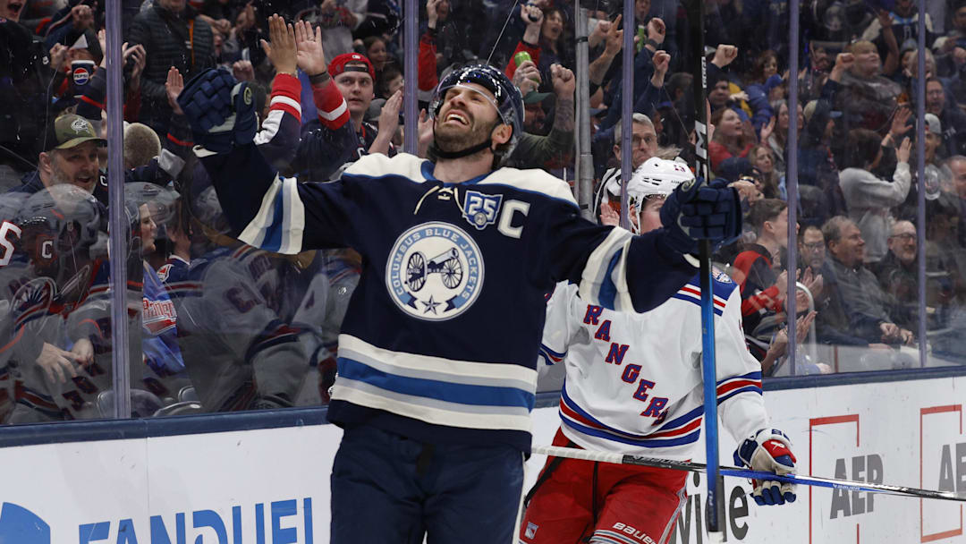 Mar 19, 2026; Columbus, Ohio, USA; Columbus Blue Jackets center Boone Jenner (38) celebrates his goal against the New York Rangers during the second period at Nationwide Arena. Mandatory Credit: Russell LaBounty-Imagn Images