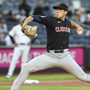 Aug 21, 2024; Bronx, New York, USA;  Cleveland Guardians starting pitcher Joey Cantillo (54) pitches in the first inning against the New York Yankees at Yankee Stadium. Mandatory Credit: Wendell Cruz-Imagn Images