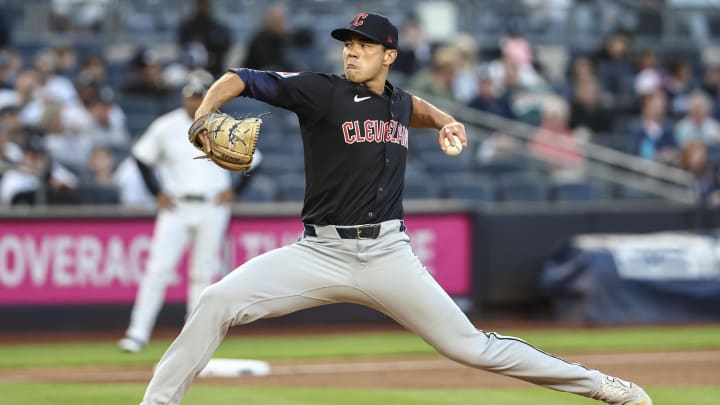 Aug 21, 2024; Bronx, New York, USA;  Cleveland Guardians starting pitcher Joey Cantillo (54) pitches in the first inning against the New York Yankees at Yankee Stadium. Mandatory Credit: Wendell Cruz-USA TODAY Sports