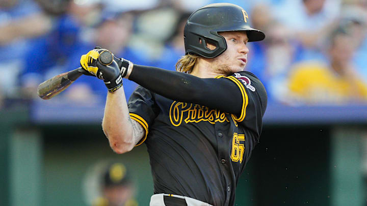 Jul 8, 2025; Kansas City, Missouri, USA; Pittsburgh Pirates right fielder Jack Suwinski (65) bats during the fifth inning against the Kansas City Royals at Kauffman Stadium. Mandatory Credit: Jay Biggerstaff-Imagn Images