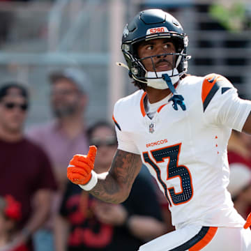 August 9, 2025; Santa Clara, California, USA; Denver Broncos wide receiver Pat Bryant (13) before the game against the San Francisco 49ers at Levi's Stadium. Mandatory Credit: Kyle Terada-Imagn Images
