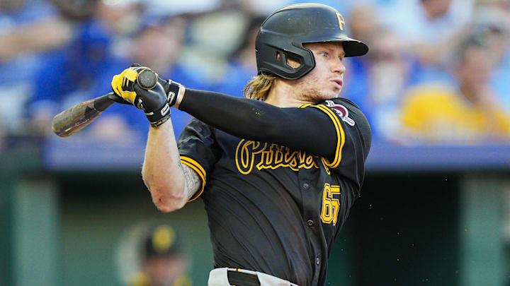 Jul 8, 2025; Kansas City, Missouri, USA; Pittsburgh Pirates right fielder Jack Suwinski (65) bats during the fifth inning against the Kansas City Royals at Kauffman Stadium. Mandatory Credit: Jay Biggerstaff-Imagn Images