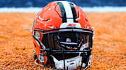 Nov 25, 2023; Syracuse, New York, USA; General view of a Syracuse Orange helmet prior to the game against the Wake Forest Demon Deacons at the JMA Wireless Dome. Mandatory Credit: Rich Barnes-Imagn Images