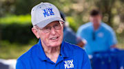 Tom Coughlin gives a thumbs up as a friend arrives to to play in the 30th annual Tom Coughlin Jay Fund Celebrity Golf Tournament Monday May 19, 2025 at TPC Sawgrass in Ponte Vedra, Fla.  