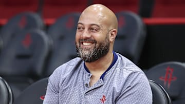 Oct 2, 2022; Houston, Texas, USA; Houston Rockets general manager Rafael Stone smiles before the preseason game against the San Antonio Spurs at Toyota Center. Mandatory Credit: Troy Taormina-Imagn Images