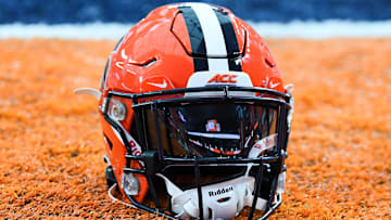 Nov 25, 2023; Syracuse, New York, USA; General view of a Syracuse Orange helmet prior to the game against the Wake Forest Demon Deacons at the JMA Wireless Dome. Mandatory Credit: Rich Barnes-Imagn Images