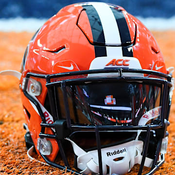 Nov 25, 2023; Syracuse, New York, USA; General view of a Syracuse Orange helmet prior to the game against the Wake Forest Demon Deacons at the JMA Wireless Dome. Mandatory Credit: Rich Barnes-Imagn Images