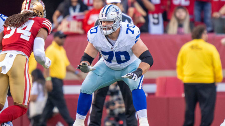 October 8, 2023; Santa Clara, California, USA; Dallas Cowboys guard Zack Martin (70) during the first quarter against the San Francisco 49ers at Levi's Stadium. Mandatory Credit: Kyle Terada-USA TODAY Sports