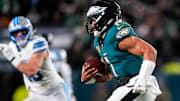 Philadelphia Eagles quarterback Jalen Hurts (1) runs against Detroit Lions during the second half at Lincoln Financial Field in Philadelphia on Sunday, November 16, 2025.