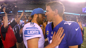 Sep 18, 2017; East Rutherford, NJ, USA; Detroit Lions quarterback Matthew Stafford (9) and New York Giants quarterback Eli Manning (10) meet on the field after a game at MetLife Stadium. Mandatory Credit: Brad Penner-Imagn Images