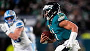 Philadelphia Eagles quarterback Jalen Hurts (1) runs against Detroit Lions during the second half at Lincoln Financial Field in Philadelphia on Sunday, November 16, 2025.
