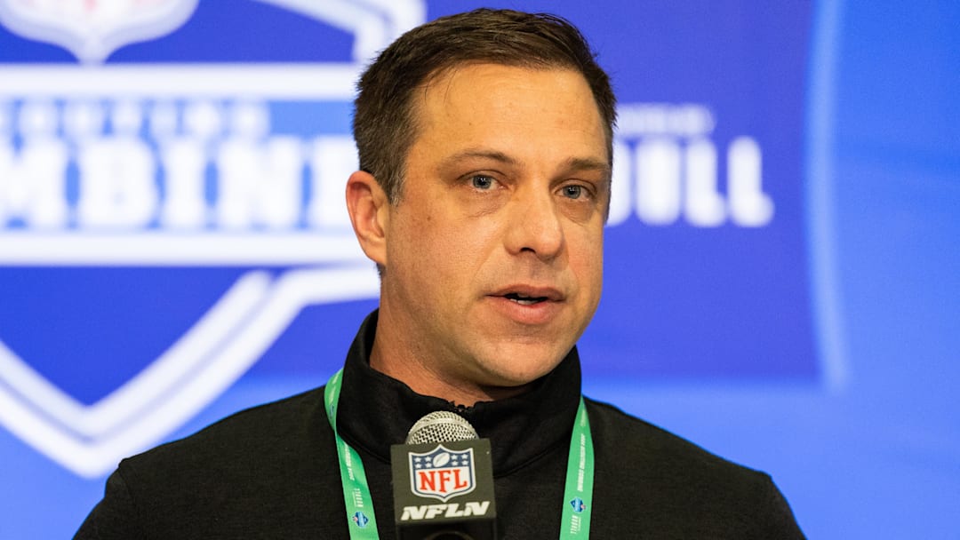 Feb 27, 2024; Indianapolis, IN, USA; Kansas City Chiefs General Manager Brett Veach talks to the media at the 2024 NFL Combine at Indiana Convention Center. Mandatory Credit: Trevor Ruszkowski-Imagn Images
