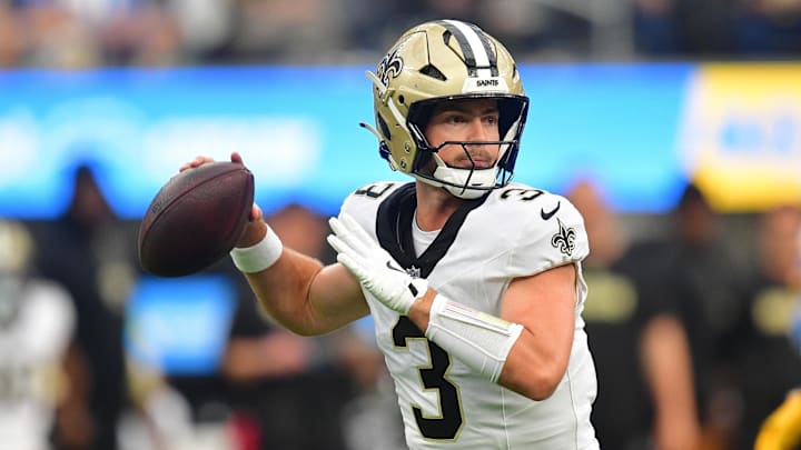 New Orleans Saints quarterback Jake Haener throws a pass. New Orleans Saints quarterback Jake Haener throws a pass.