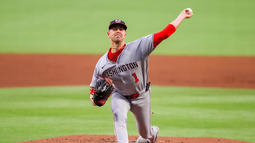 Sep 22, 2025; Atlanta, Georgia, USA; Washington Nationals starting pitcher MacKenzie Gore (1) throws against the Atlanta Braves in the first inning at Truist Park. Mandatory Credit: Brett Davis-Imagn Images